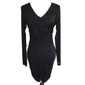 LULUS NWT Women's Large Little Black Dress Lined Sheer Long‎ Sleeves Ruched Midi